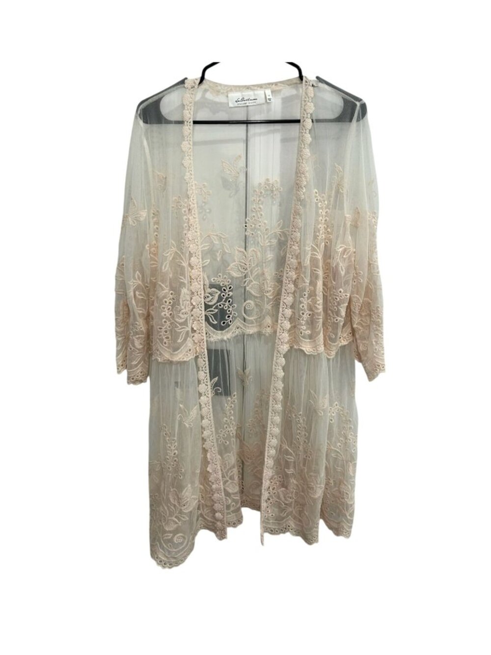 LaBellum Hillary Scott 1X Beige Floral Embroidered Sheer Kimono Boho Fairycore